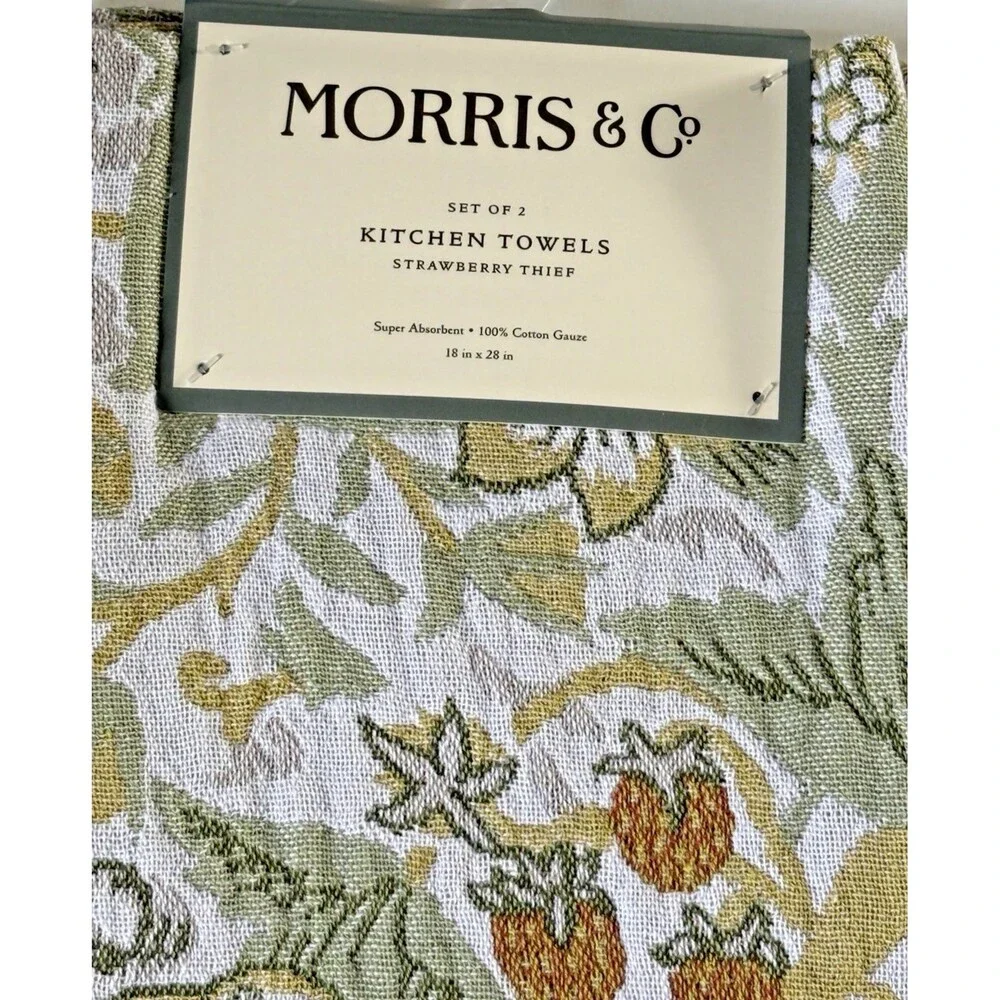 Morris & Co Kitchen Dish Towels Set of 2 Strawberry Thief 100% Cotton Fringe